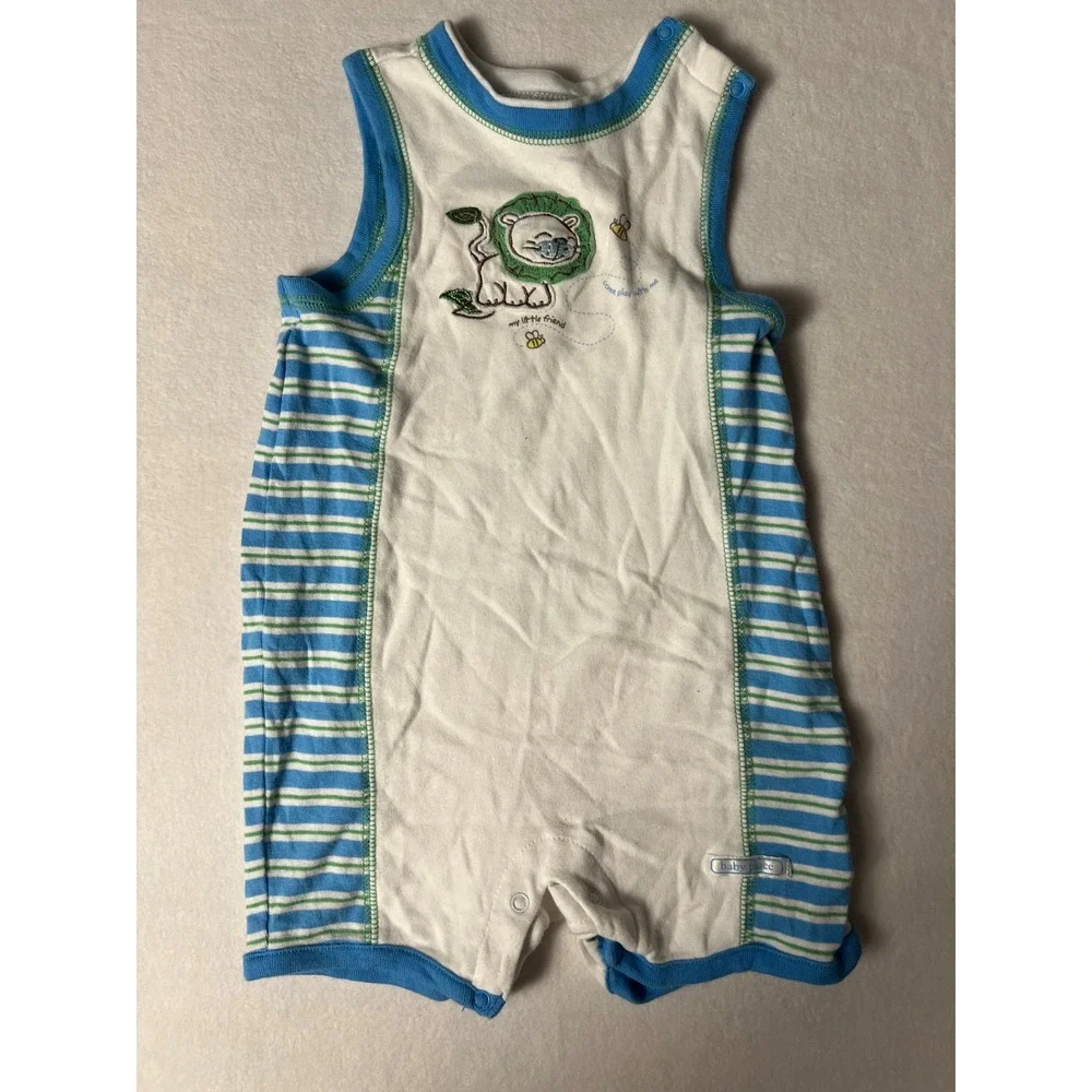 The Children's Place Romper Baby 12M White Blue Striped Lion Graphic Sleeveless